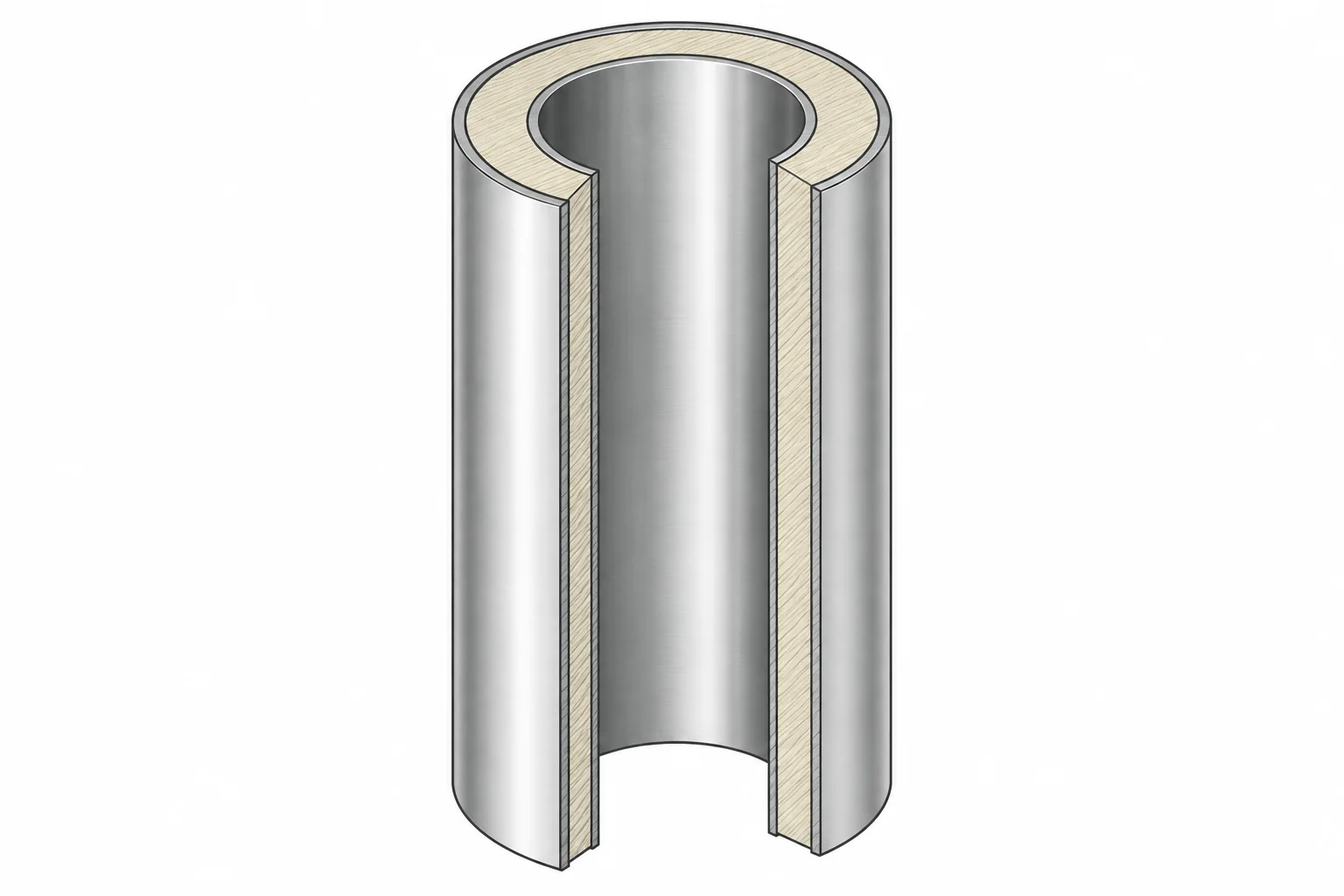 Çift cidarlı baca modülünün iç cidar, yalıtım ve dış cidarını gösteren ölçüsüz açıklayıcı kesit çizimi